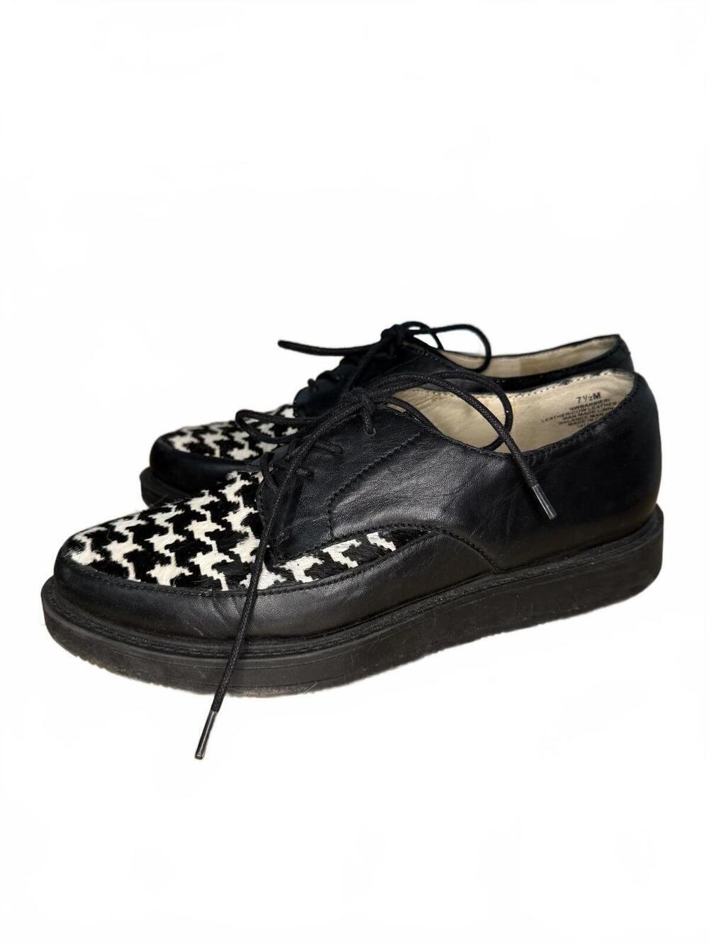 Vintage Nine West Leather Shoes Size 7.5 Black Houndstooth Dressy Retro Preppy